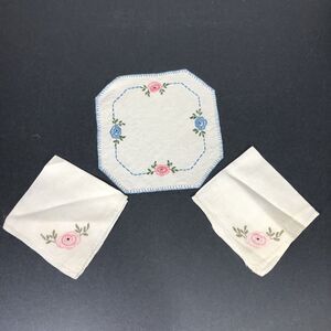 Vintage Small Table Topper Linens Blue and Pink Flowers Needlepoint Handmade 3pc